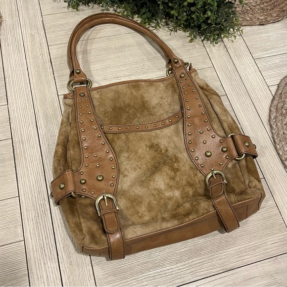 PRITZI Wheat Studded Brass Large Hobo Shoulder Bag Vegan Suede Leather - Picture 2 of 14